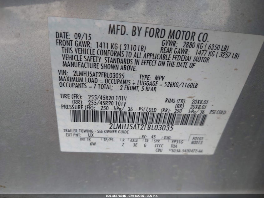 2015 Lincoln Mkt Ecoboost VIN: 2LMHJ5AT2FBL03035 Lot: 45673016
