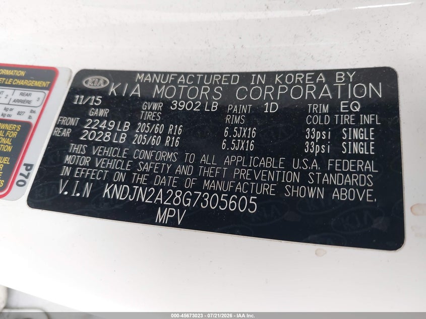 2016 Kia Soul VIN: KNDJN2A28G7305605 Lot: 45673023