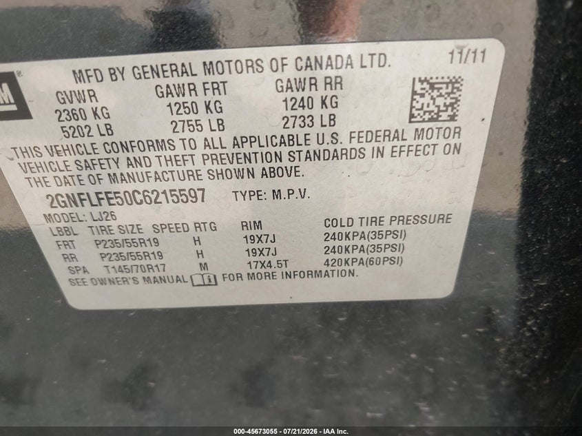 2012 Chevrolet Equinox Ltz VIN: 2GNFLFE50C6215597 Lot: 45673055