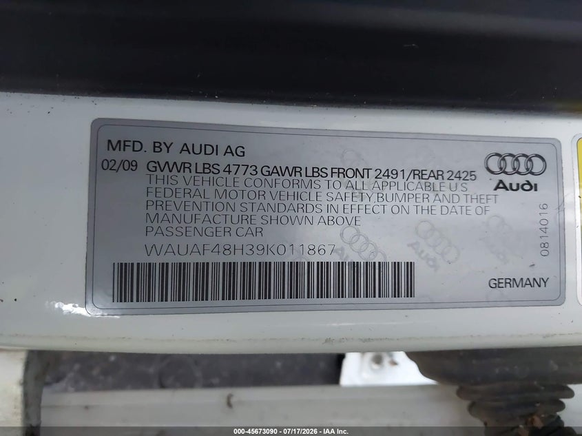 2009 Audi A4 2.0T Special Edition VIN: WAUAF48H39K011867 Lot: 45673090