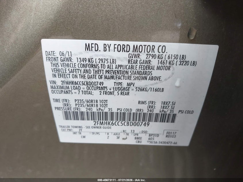 2012 FORD FLEX SPORT UTILITY VEHICLE 3.5L V-6 DOHC, VVT, 262HP