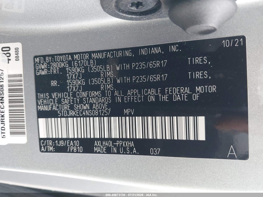 2022 Toyota Sienna Xle VIN: 5TDJRKEC4NS081257 Lot: 45673130
