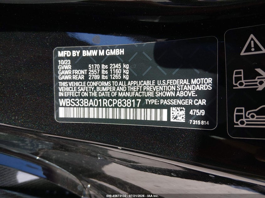 2024 BMW M4 Competition xDrive VIN: WBS33BA01RCP83817 Lot: 45673132