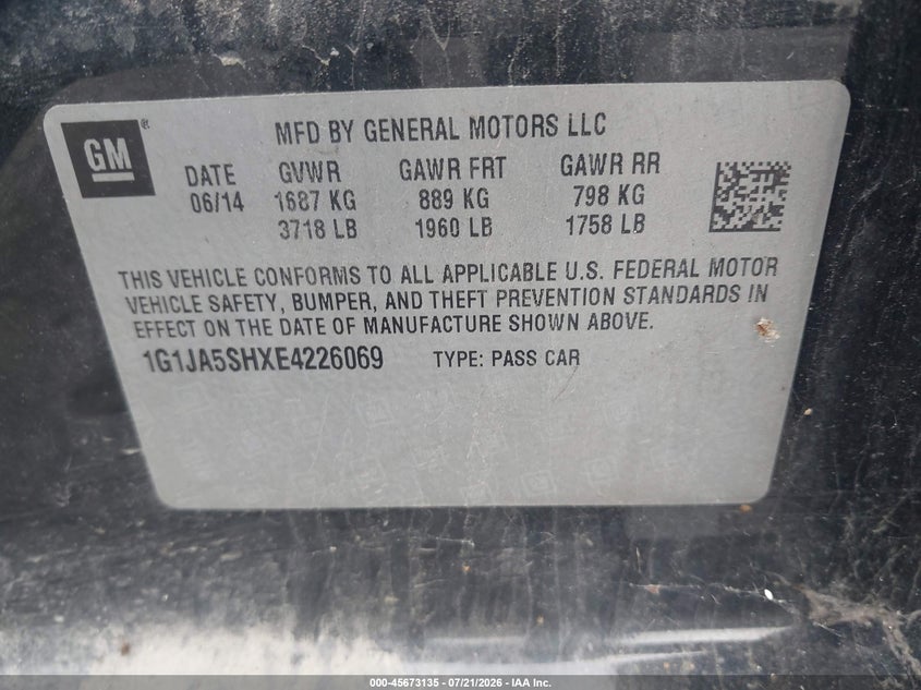 2014 Chevrolet Sonic Ls Auto VIN: 1G1JA5SHXE4226069 Lot: 45673135