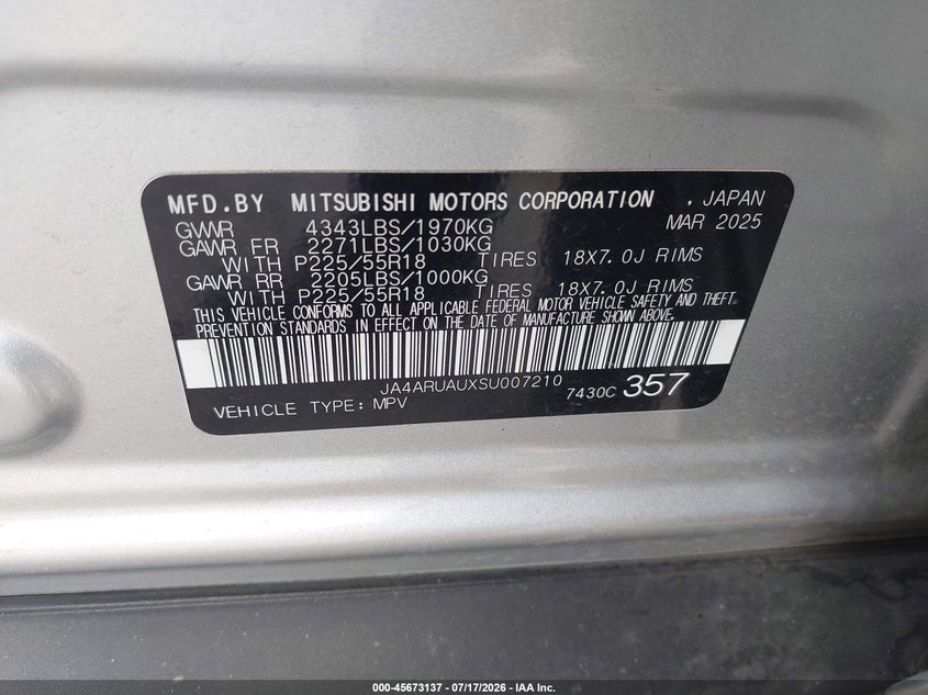 2025 Mitsubishi Outlander Sport 2.0 Es Awc/2.0 Le Awc/2.0 S Awc/2.0 Se Awc/2.0 Trail Edition Awc VIN: JA4ARUAUXSU007210 Lot: 45673137