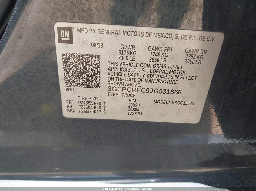 2018 Chevrolet Silverado 1500 1Lt VIN: 3GCPCREC9JG531868 Lot: 45673140