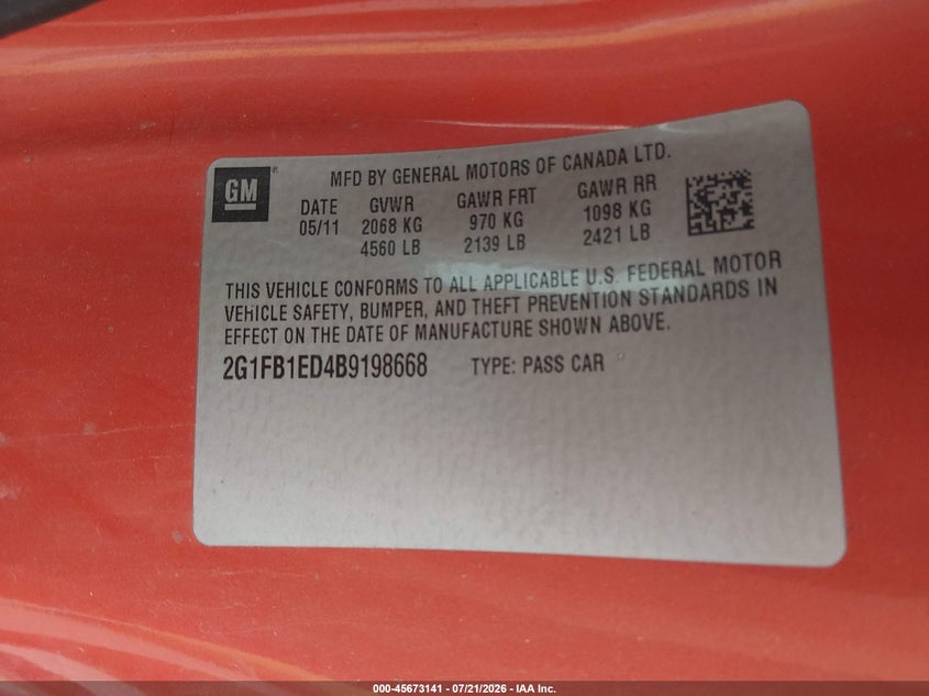 2011 Chevrolet Camaro 1Lt VIN: 2G1FB1ED4B9198668 Lot: 45673141