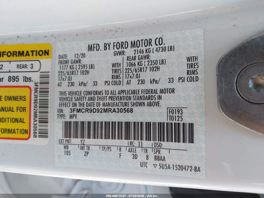 2021 Ford Bronco Sport Badlands VIN: 3FMCR9D92MRA30568 Lot: 45673147