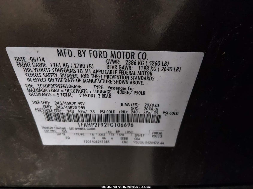 2015 Ford Taurus Limited VIN: 1FAHP2F92FG106696 Lot: 45673172