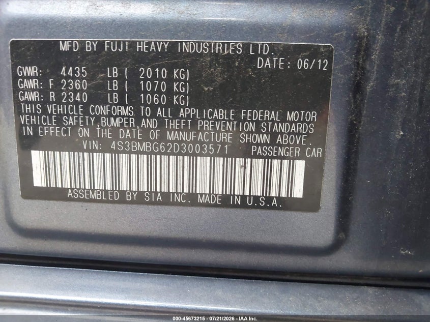 2013 Subaru Legacy 2.5I Premium VIN: 4S3BMBG62D3003571 Lot: 45673215