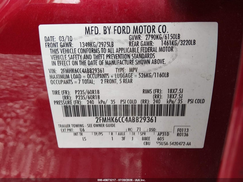 2010 Ford Flex Sel VIN: 2FMHK6CC4ABB29361 Lot: 45673217
