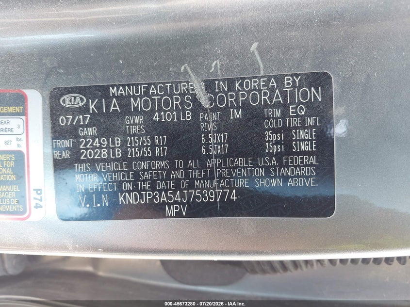 2018 Kia Soul + VIN: KNDJP3A54J7539774 Lot: 45673280