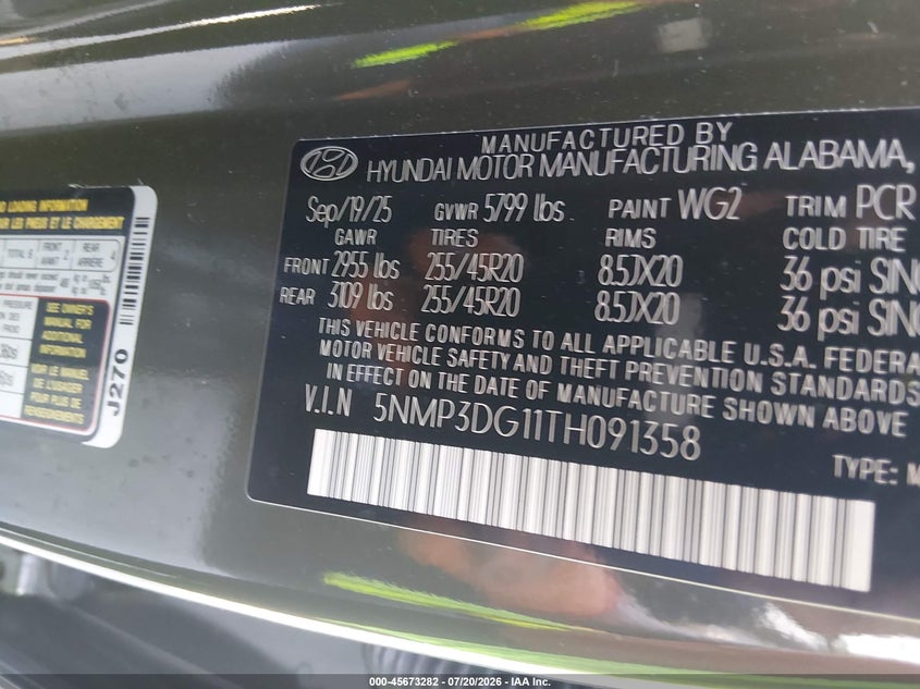 2026 Hyundai Santa Fe Hybrid Limited VIN: 5NMP3DG11TH091358 Lot: 45673282