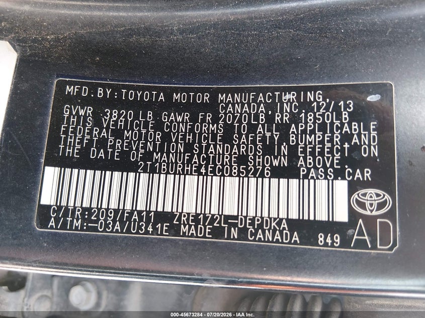 2014 Toyota Corolla L VIN: 2T1BURHE4EC085276 Lot: 45673284