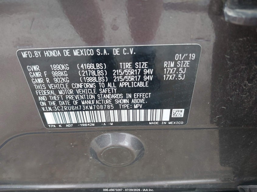 2019 Honda Hr-V Ex-L VIN: 3CZRU6H73KM708785 Lot: 45673287