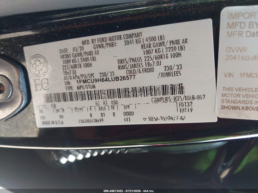 2020 Ford Escape Sel VIN: 1FMCU9H64LUB26577 Lot: 45673302