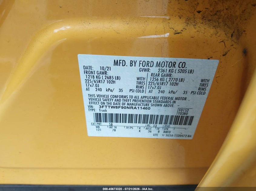 2022 Ford Maverick Xlt VIN: 3FTTW8F90NRA11460 Lot: 45673320