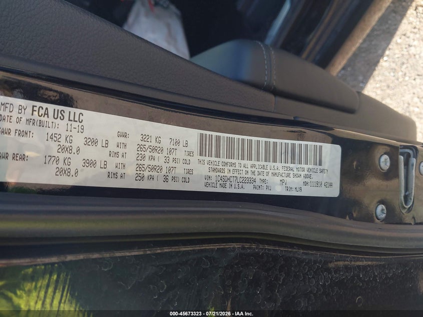 2020 Dodge Durango R/T Rwd VIN: 1C4SDHCT7LC223334 Lot: 45673323