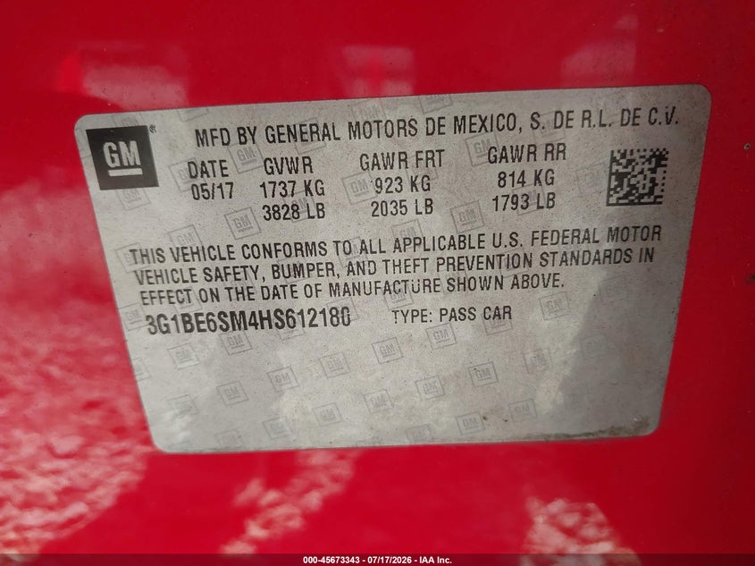 2017 Chevrolet Cruze Lt Auto VIN: 3G1BE6SM4HS612180 Lot: 45673343