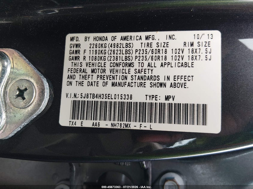 2014 Acura Rdx VIN: 5J8TB4H35EL015338 Lot: 45673363