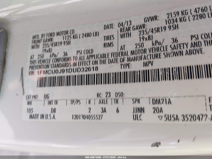2013 Ford Escape Titanium VIN: 1FMCU0J91DUD32618 Lot: 45673366