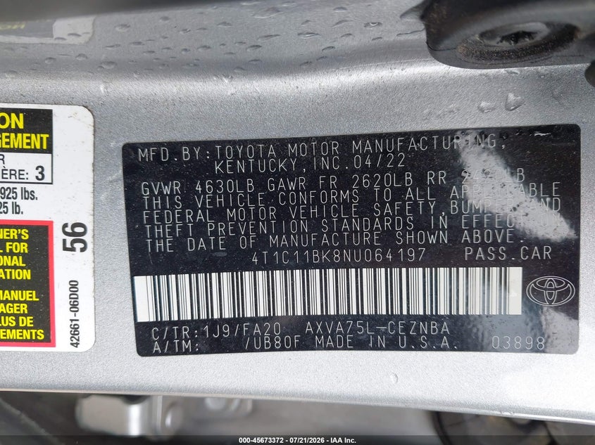 2022 Toyota Camry Le Awd VIN: 4T1C11BK8NU064197 Lot: 45673372