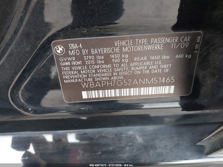 2010 BMW 328I VIN: WBAPH7G52ANM51465 Lot: 45673373