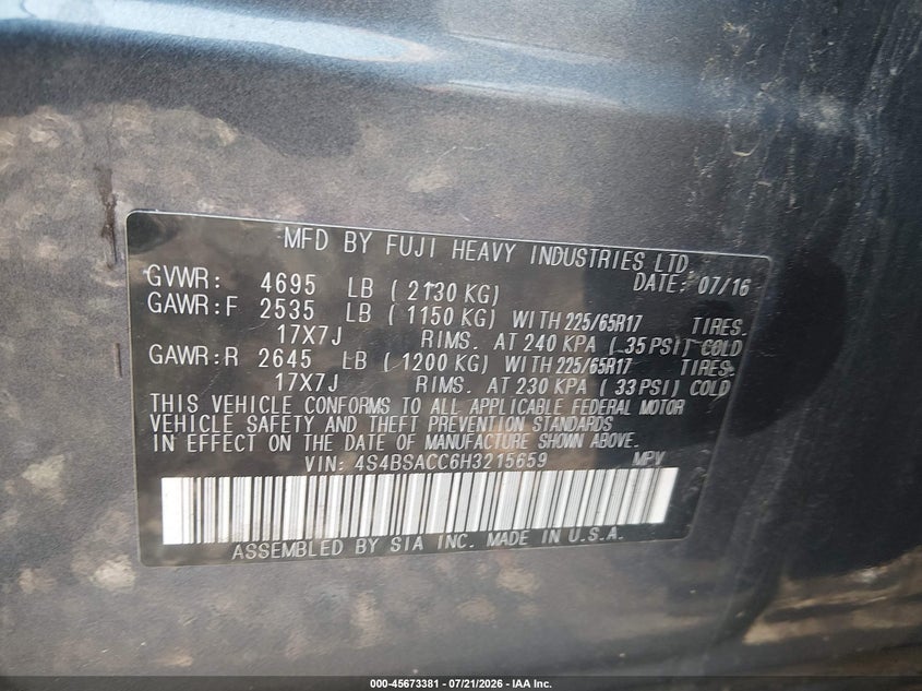 2017 Subaru Outback 2.5I Premium VIN: 4S4BSACC6H3215659 Lot: 45673381