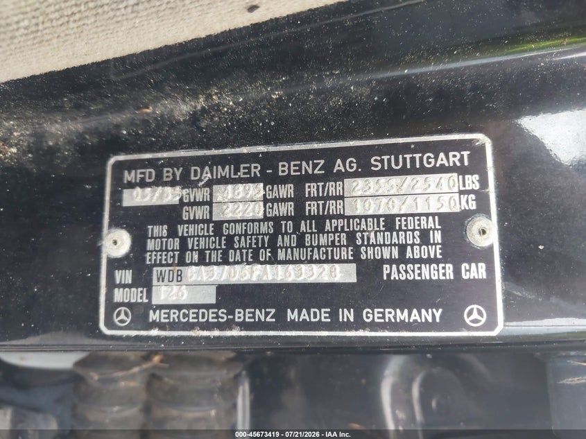 1985 Mercedes-Benz 500 Sel VIN: WDBCA37D5FA163328 Lot: 45673419