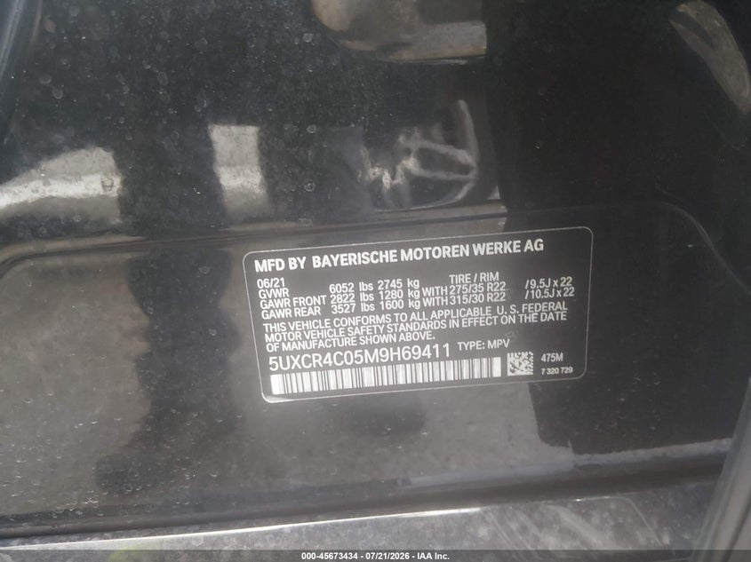 2021 BMW X5 Sdrive40I VIN: 5UXCR4C05M9H69411 Lot: 45673434