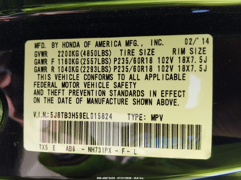 2014 Acura Rdx VIN: 5J8TB3H59EL015824 Lot: 45673439