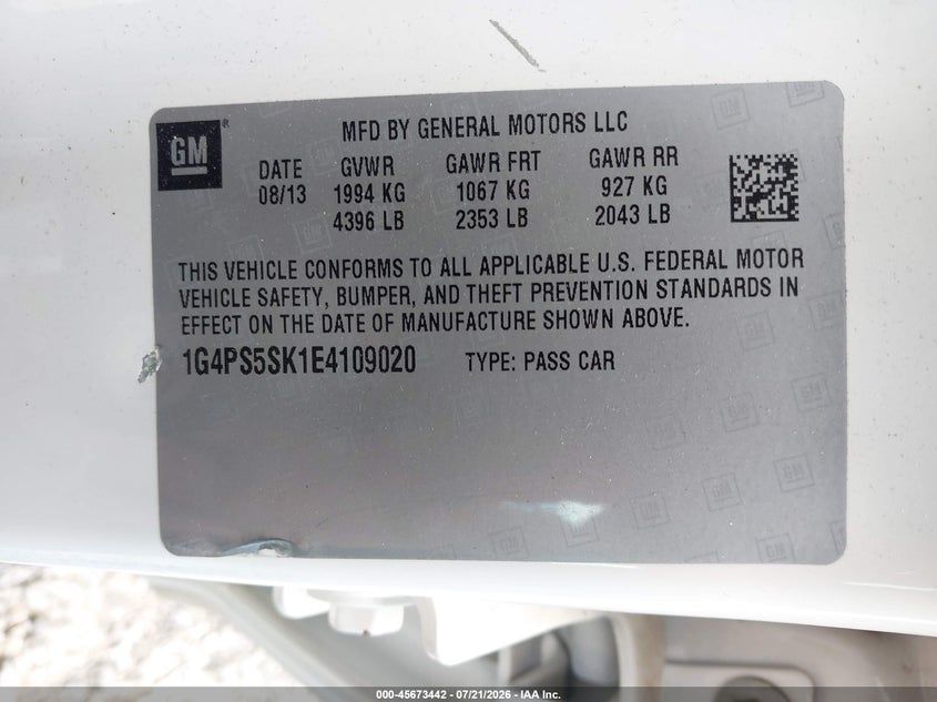 2014 Buick Verano Leather Group VIN: 1G4PS5SK1E4109020 Lot: 45673442