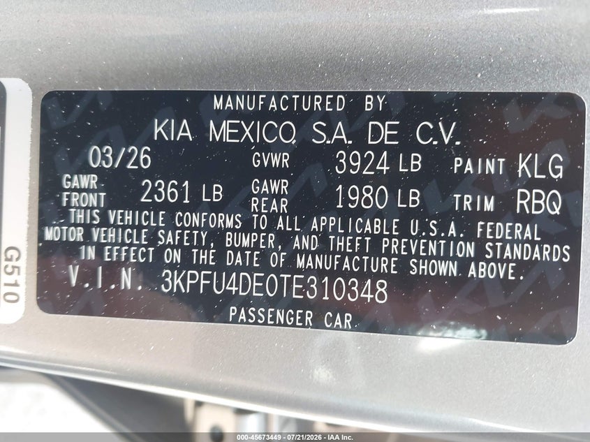 2026 Kia K4 Ex VIN: 3KPFU4DE0TE310348 Lot: 45673449