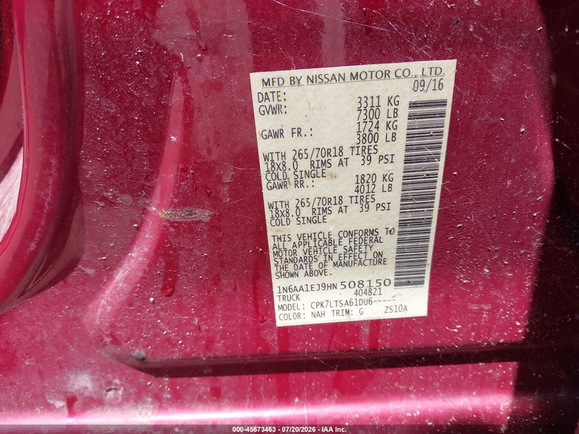 2017 Nissan Titan Sv VIN: 1N6AA1EJ9HN508150 Lot: 45673463