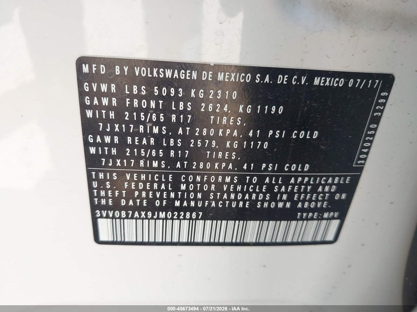 2018 Volkswagen Tiguan 2.0T S VIN: 3VV0B7AX9JM022867 Lot: 45673494