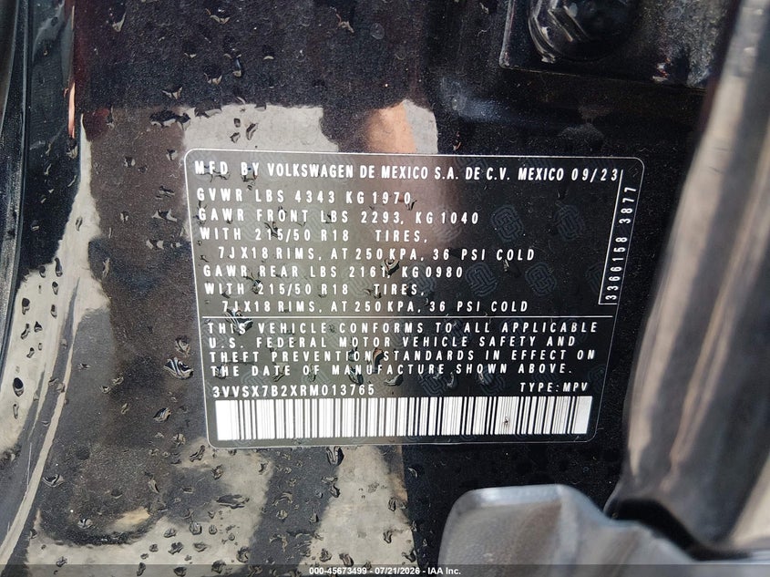 2024 Volkswagen Taos 1.5T Se VIN: 3VVSX7B2XRM013765 Lot: 45673499