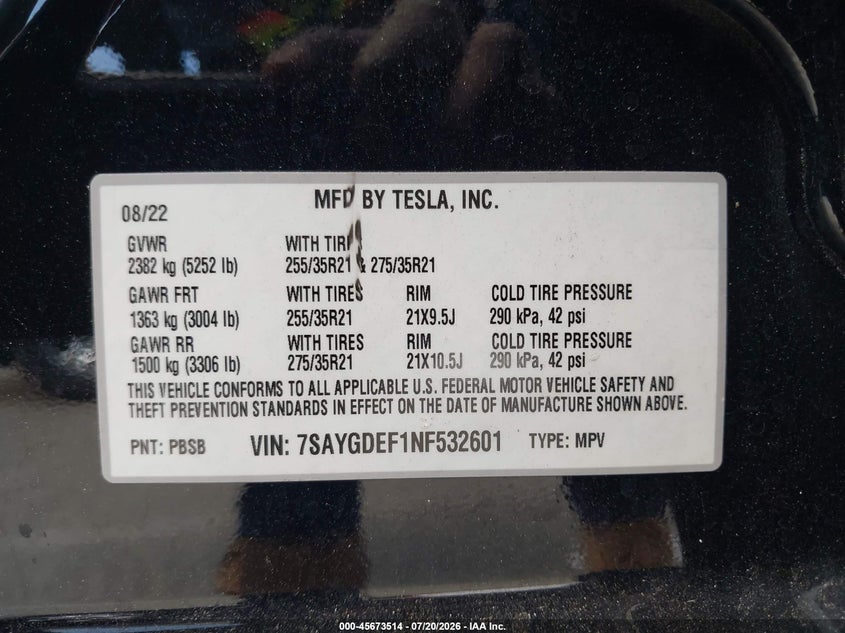 2022 Tesla Model Y Performance Dual Motor All-Wheel Drive VIN: 7SAYGDEF1NF532601 Lot: 45673514