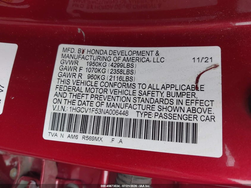 2022 Honda Accord Ex-L VIN: 1HGCV1F53NA006448 Lot: 45673534