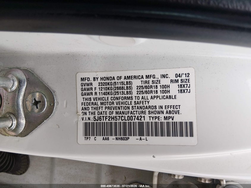 2012 Honda Crosstour Ex-L VIN: 5J6TF2H57CL007421 Lot: 45673535