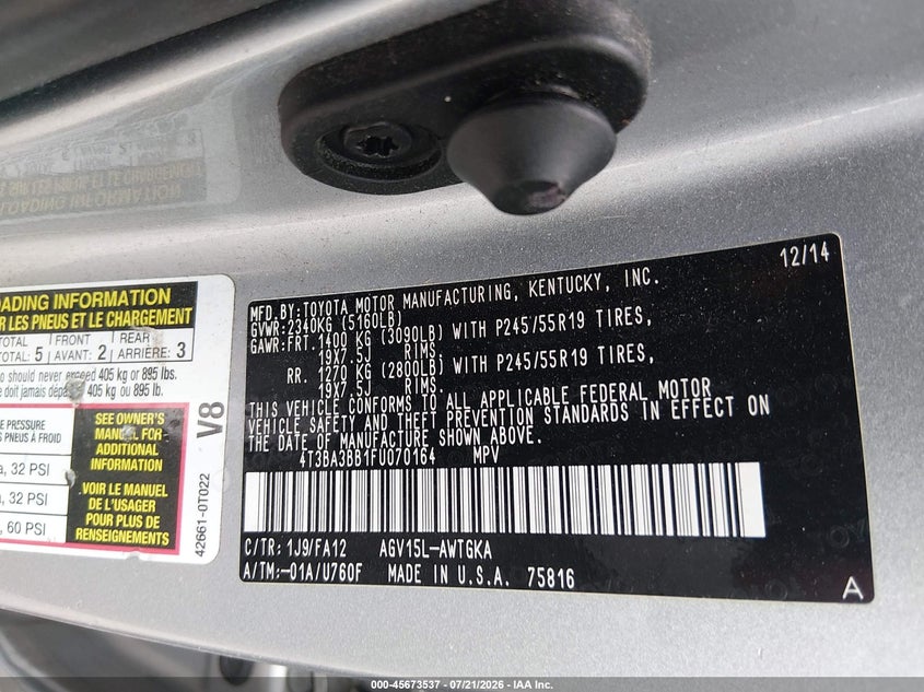 2015 Toyota Venza Le VIN: 4T3BA3BB1FU070164 Lot: 45673537