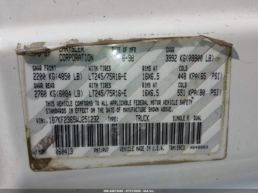 1998 Dodge Ram 2500 St VIN: 1B7KF2365WJ251232 Lot: 45673548