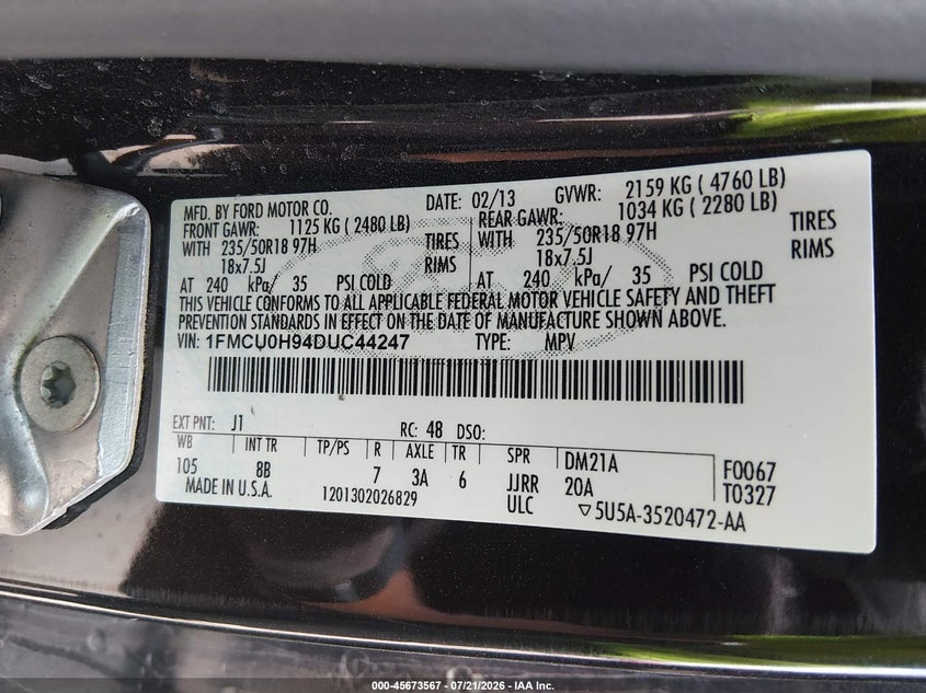 2013 Ford Escape Sel VIN: 1FMCU0H94DUC44247 Lot: 45673567