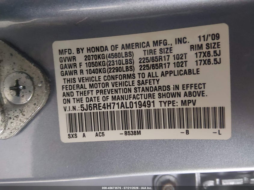 2010 Honda Cr-V Ex-L VIN: 5J6RE4H71AL019491 Lot: 45673576