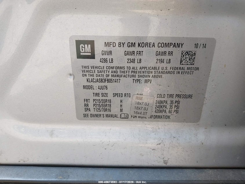 2015 Buick Encore VIN: KL4CJASB3FB051417 Lot: 45673593