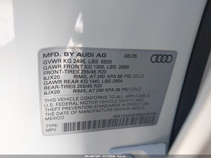 2025 Audi All-New Q5 Premium Plus Tfsi Quattro S Tronic VIN: WA12AAGU9S2075799 Lot: 45673597