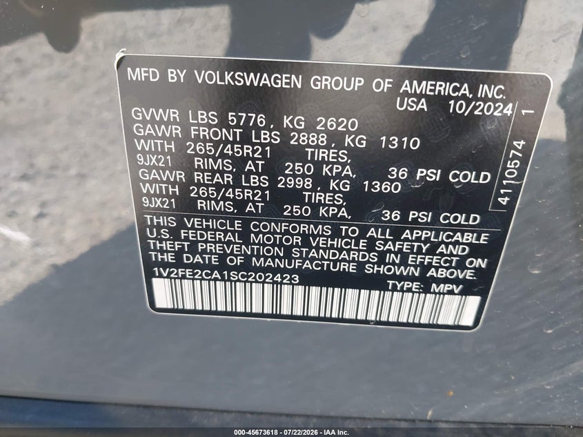 VOLKSWAGEN ATLAS CROSS SPORT 2025 VIN 1V2FE2CA1SC202423