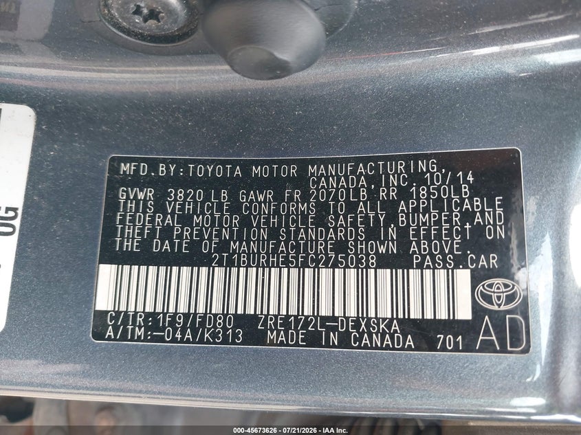 2015 Toyota Corolla S VIN: 2T1BURHE5FC275038 Lot: 45673626