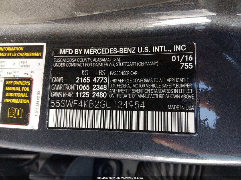 2016 Mercedes-Benz C 300 4Matic VIN: 55SWF4KB2GU134954 Lot: 45673632