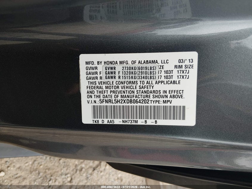 2013 Honda Odyssey Lx VIN: 5FNRL5H2XDB064202 Lot: 45673633