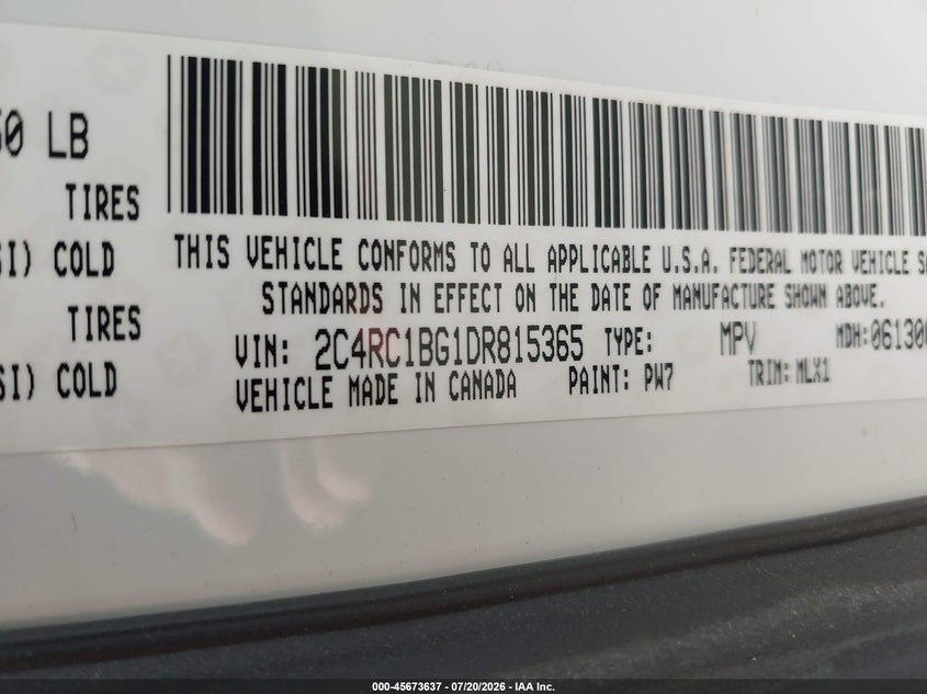 2013 Chrysler Town & Country Touring VIN: 2C4RC1BG1DR815365 Lot: 45673637